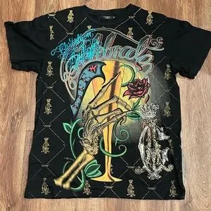 トップス Christian Audigier double sleeve shirt Christian Audigier Men's Small Skull Roses Double Sleeve T